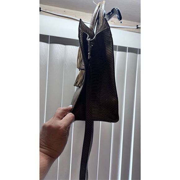 Claudia Firenze Olive Green Italian Leather Croc Embossed Tote Satchel Handbag - Picture 4 of 11